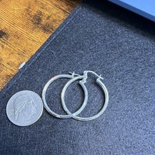 Silver Tone Textured Hoop Earrings Hinged Closure Round 25mm