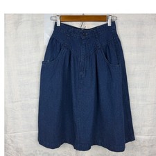 Vintage Cascade Blues Denim Midi Skirt High Waist Pockets Dark Wash Casual