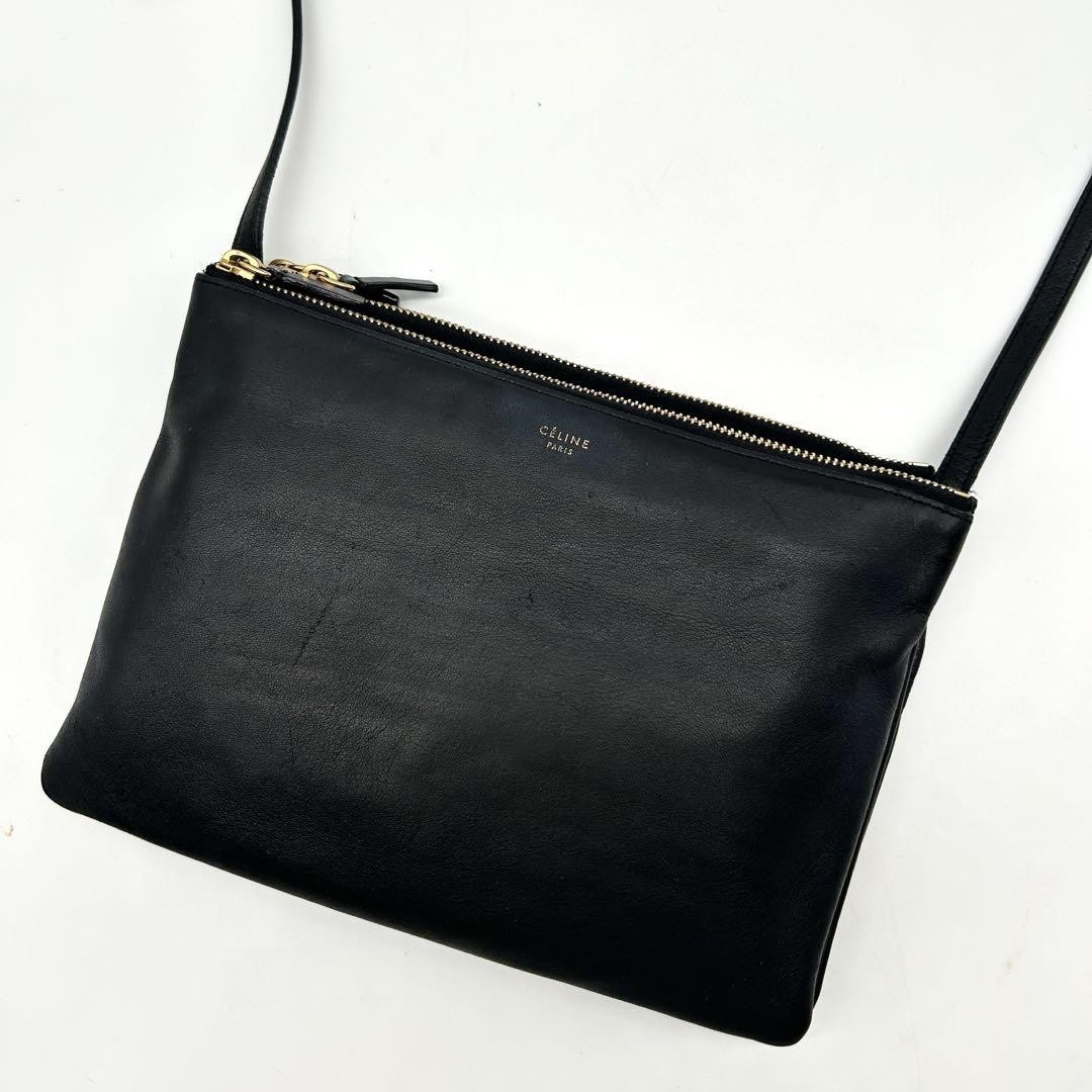 Celine Trio Leather Shoulder Bag Black Authentic I0719798