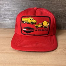 VINTAGE Harry W Kuhn Inc Hat Cap Snap Back Red Trucker Mesh Patch Mens Promo 80s
