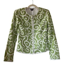 VTG Green Swirl Embroidered Trim Zip Up Pearl Pull Blazer Jacket 4 100 Cotton