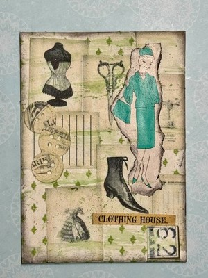 ACEO Mini Art Card Sewing Atelier Clothing House Collage Paper, Ink by KJS