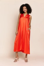 Sofia Made in Italy Womens Belinda Italian Satin Orange  Midi Dress M/L NWT