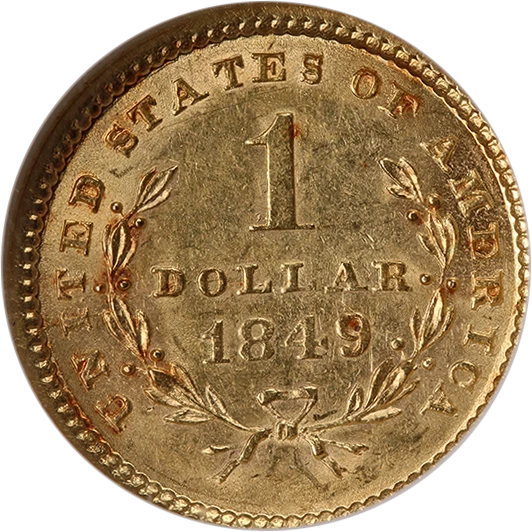 1849-P Type 1 Liberty Gold $1 Open Wreath NGC MS61 Nice Eye Appeal Nice Strike - Image 2 of 4