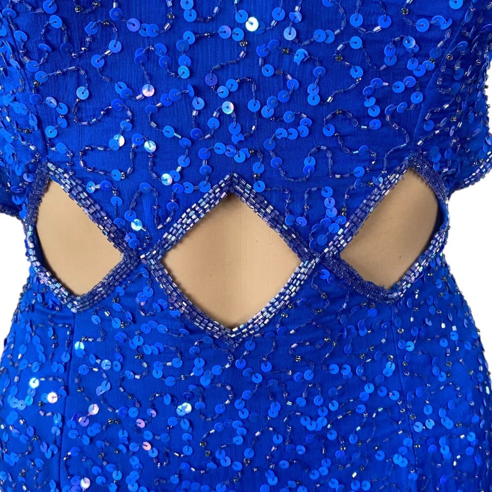 Maxi Vestido SCALA De Colección Icónico Azul Fuertes Cuentas Lentejuelas Recortado Talla Xs Foto 4 de 4
