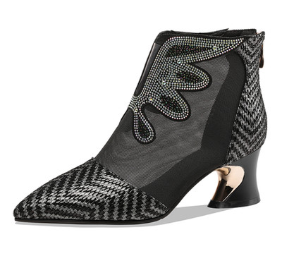 Mesh Women's Leather Ankle Boot Pointed Toe Shoes Block Heel Rhinestone Chelsea