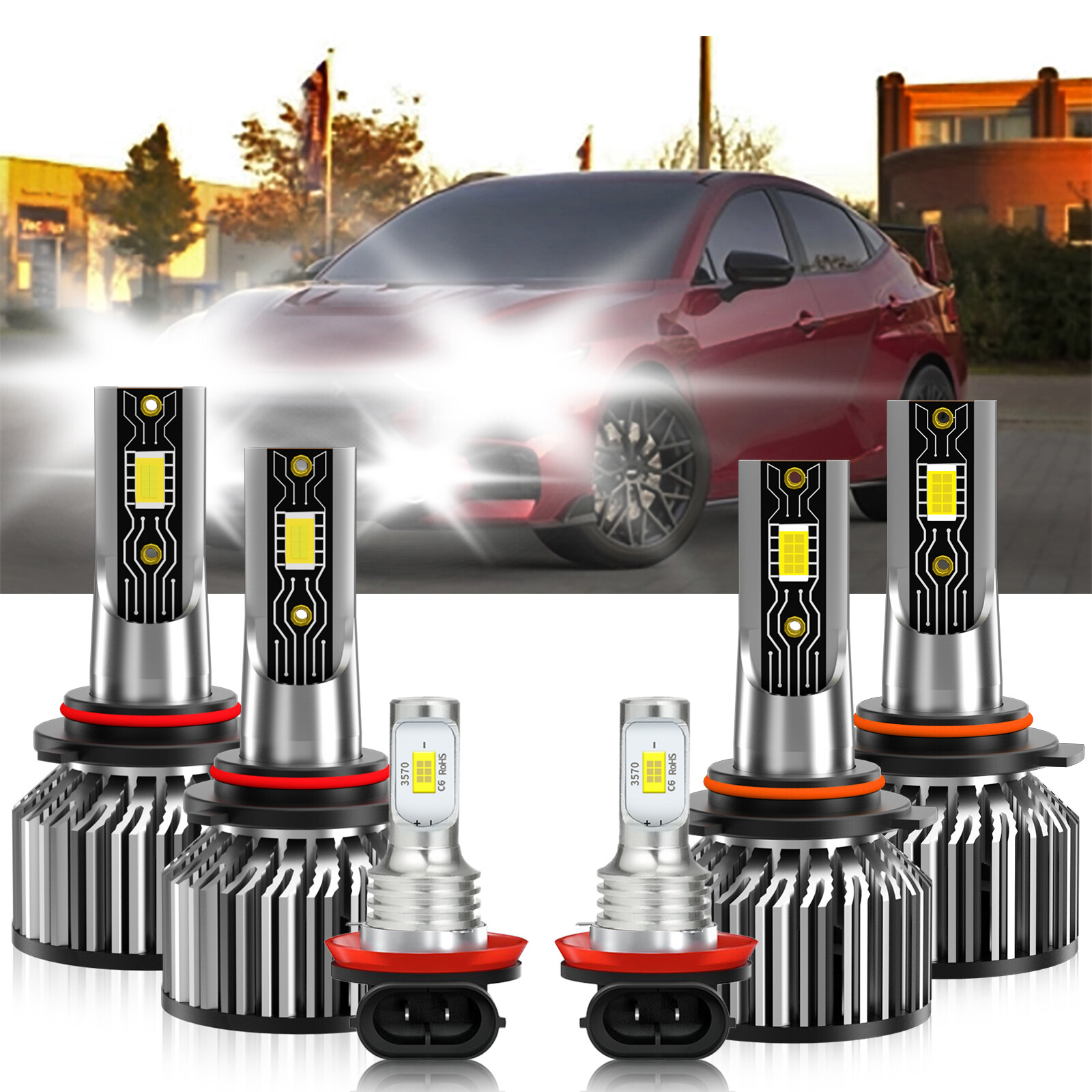 For Mitsubishi Lancer 2008-2017 LED Headlight Hi/Lo+Fog light Combo Bulbs 6500K