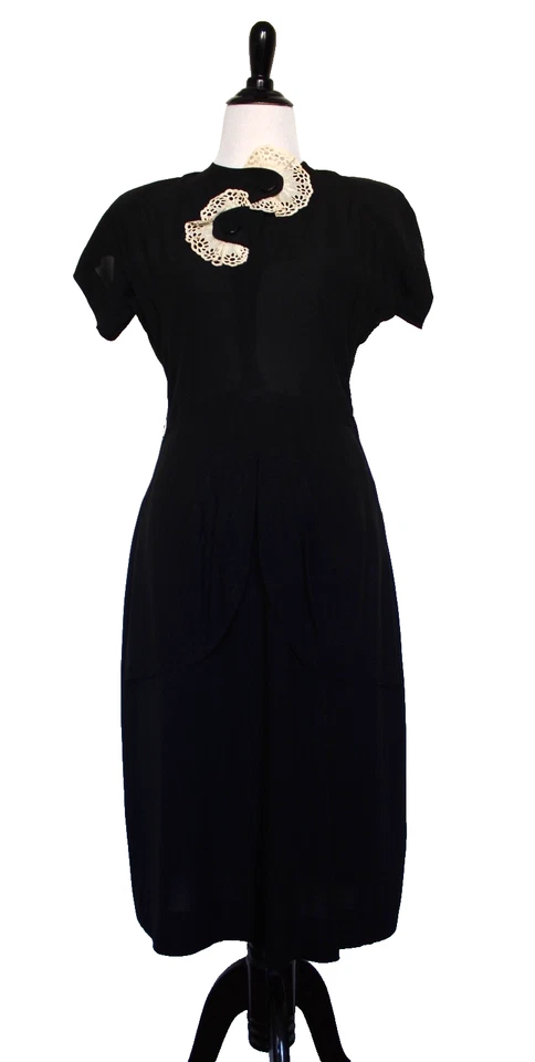 Винтажный 1940-х годов платье женщин S M черный вискоза пеплум кружева ар-деко старый Голливуд - Изображение 4 из 4