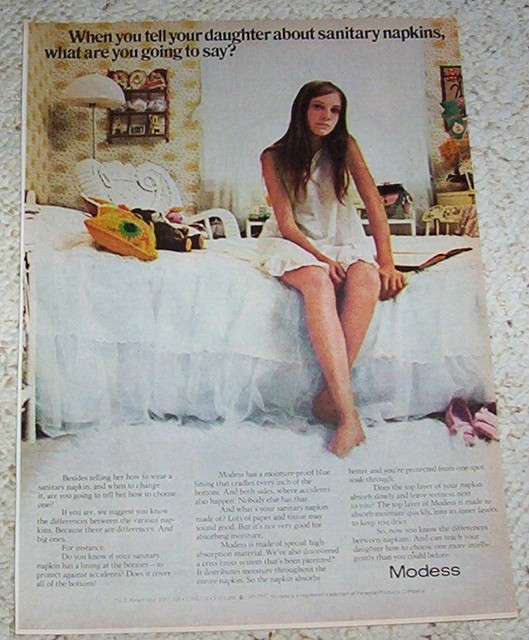 1970 vintage ad Modess sanitary napkins young girl hygiene print 1
