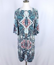 Chicos Dress Womens Size P0 P4 P6 Green Blue Keyhole Neck Asymmetrical Sleeve