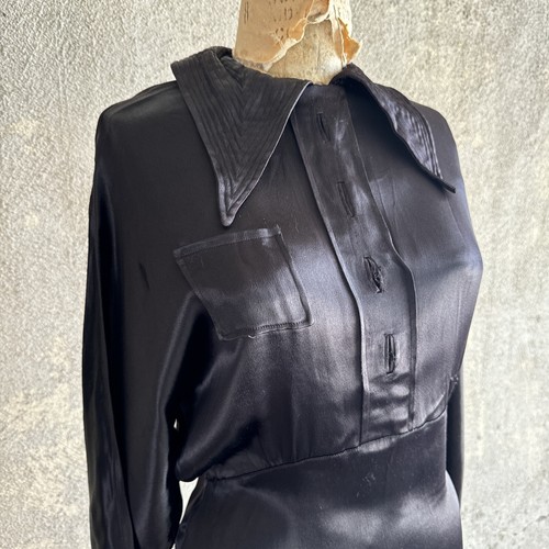 Vintage 1930s Black Silk Satin Gown Dress Art Deco Maxi Long Sleeve Keyhole - Picture 3 of 23