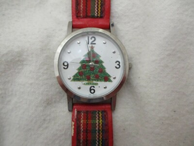 Christmas Tree Watch Red Green Plaid Buckle Band Holiday Themed