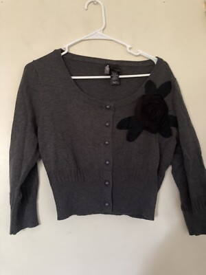 Bisou Bisou Gray Sweater with Black Flower Embellishment Size S
