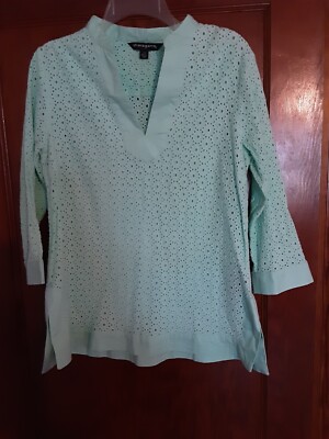 Sharagano Women's Mint Green 3/4 Sleeve Tunic V-Neck Blouse Size L Eyelet
