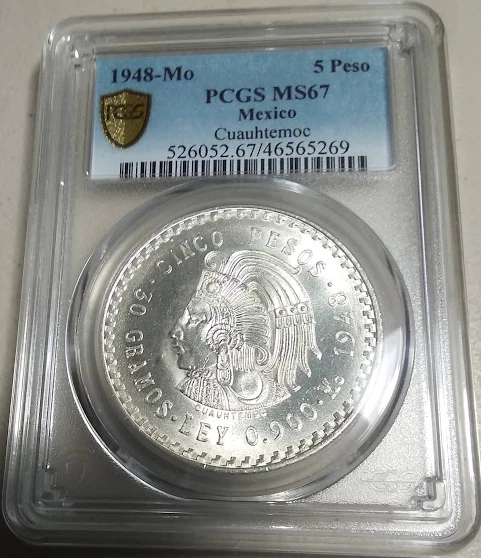 :1948-Mo 5 PESOS MÉXICO CUAUHTÉMOC EXCELENTE EXPLOSIÓN BLANCO GRADUACIÓN PROFESIONAL MS67 RAREZA R6 66/6 Foto 2 de 4