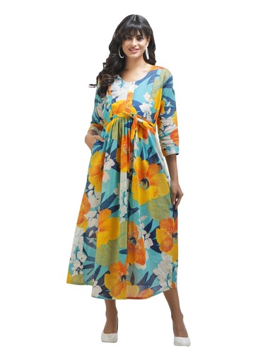 aakaa blue floral dress Aakaa Burnout Chiffon Cami Tiered Midi Dress With Ribbon Detail Blue Multi / L