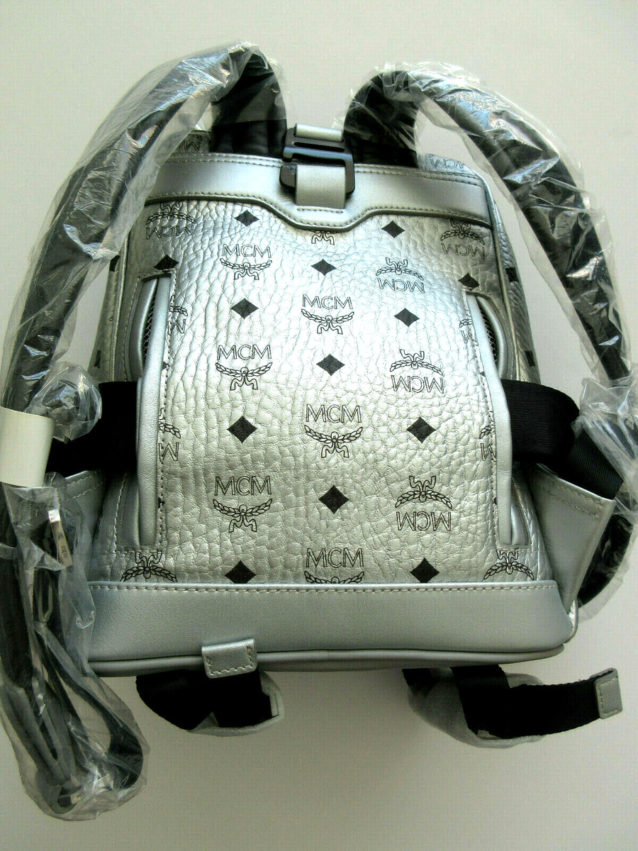 $1330 New MCM Backpack Jemison 2 in 1 Silver Coated Canvas