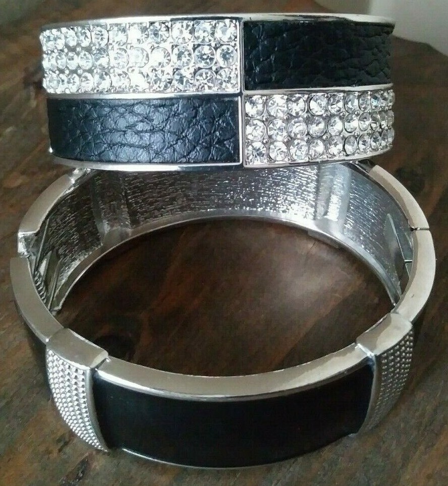 2 Hinged Clamper Bangle Bracelets Silver Tone Bla… - image 2