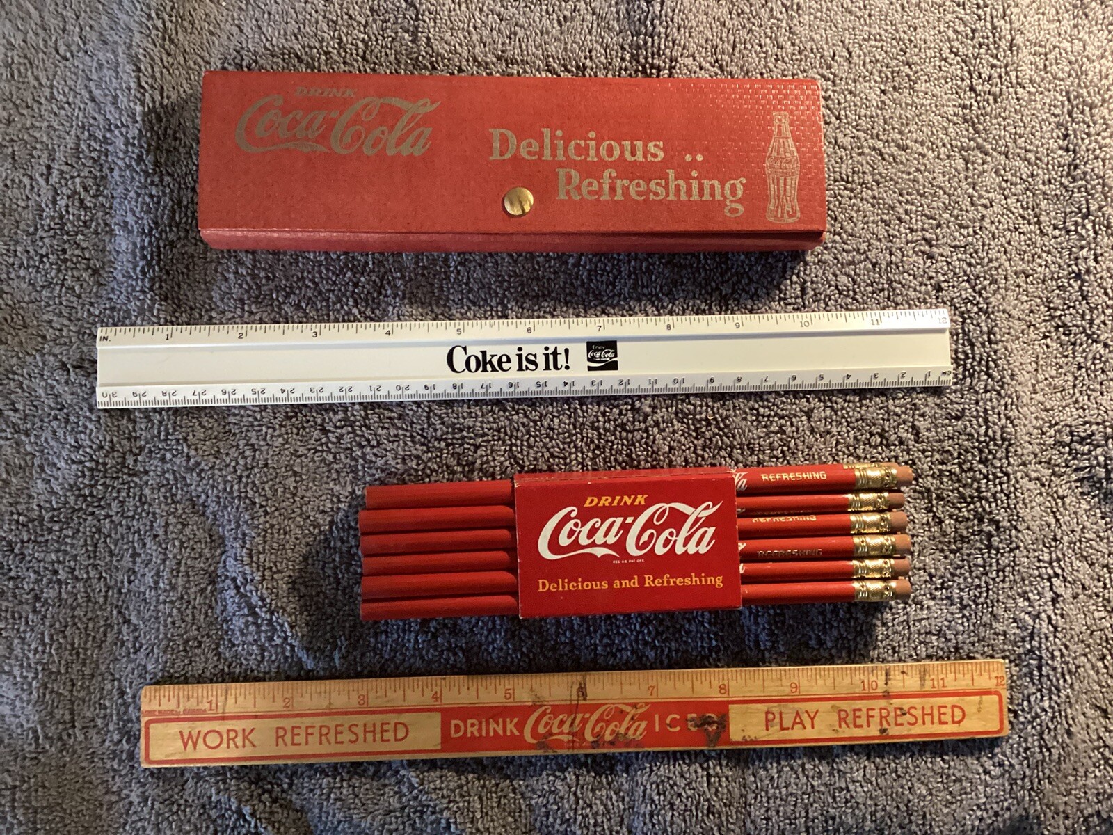 1930s Coca Cola Pencil Box Set Complete And One Dozen Pencils, Two Rulers