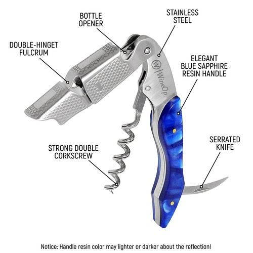 Professional Double Hinged Wine Bottle Opener Corkscrew Key | 3 BlueResin Handle - Picture 2 of 9