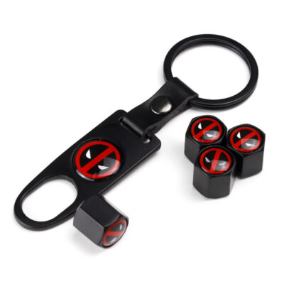 4x Deadpool Tire Valve Caps Valve Stem Cover Air Dust Wheel Rim Cap 1x key chain