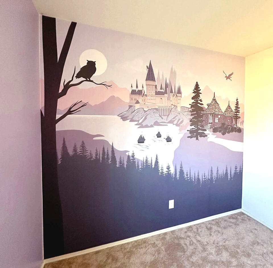 婴儿房壁画:魔法城堡。 波特头饰。 薰衣草调色板 — 第 3/4 张图片