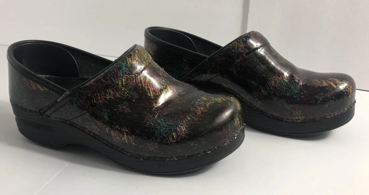 Dansko Multi Color Paint Brush Stroke Mosaic Clogs Women s 37 6.5 7 US Leather