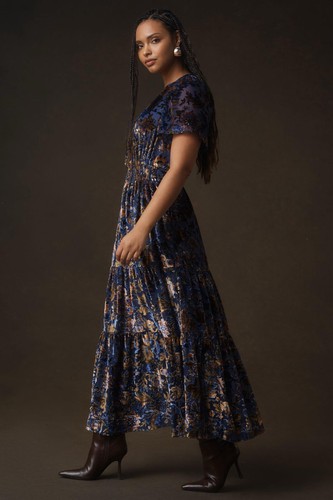 Anthropologie Somerset Maxi Velvet Dress Tiered Purple Floral Burnout Size LARGE - Picture 13 of 14