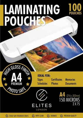ELITES LONDON 100 x A4 150 Microns Laminating Pouches Sheets 2x75