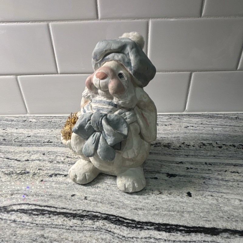 Dreamsicle Ceramic Painted Rabbit Figurine Signed Blue Hat w/ Pom Pom 