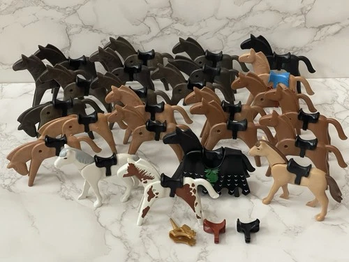 VTG Lot of 25 Playmobil Horses Tan Brown Black w/ Saddles
