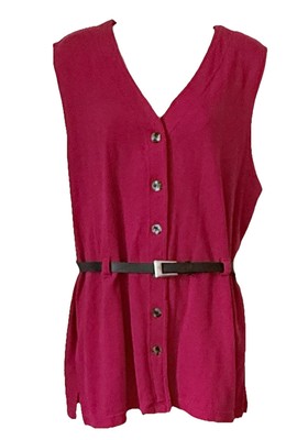 Vintage Diana Marco Sleeveless Sweater Vest 18/20 Red Black Button Down w/Belt
