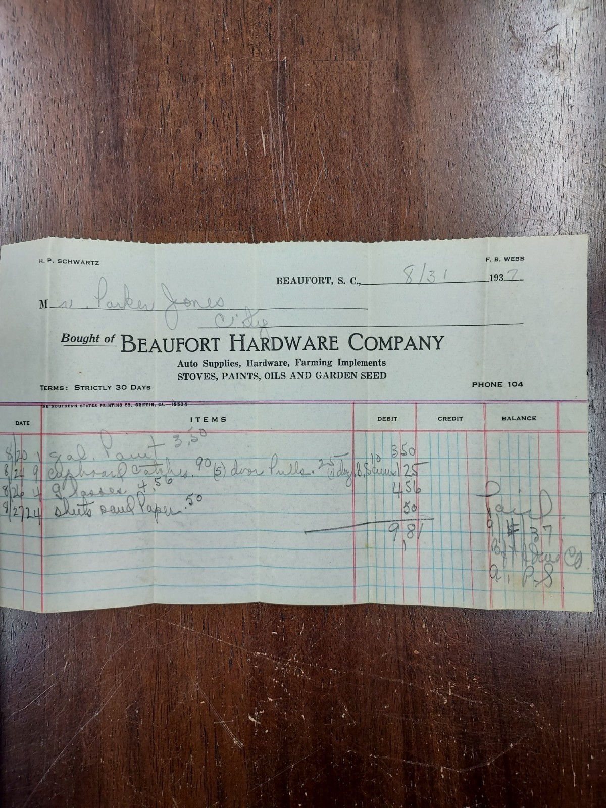 Vintage Hardware & Lumber Invoices 1937 Beaufort SC Lot of 10