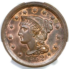 1852 N-22 R-1 CAC MS 65 RB Braided Hair Large Cent Coin 1c