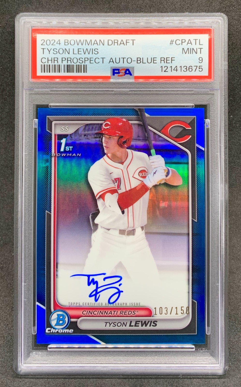 2024 Bowman Chrome TYSON LEWIS Reds Blue Refractor 1st Auto SP /150 Mint PSA 9