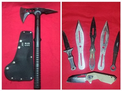  Tactical Knife Lot: M48 Hawk Axe, Vintage Japan Explorer MM-V, S&W Throwers  