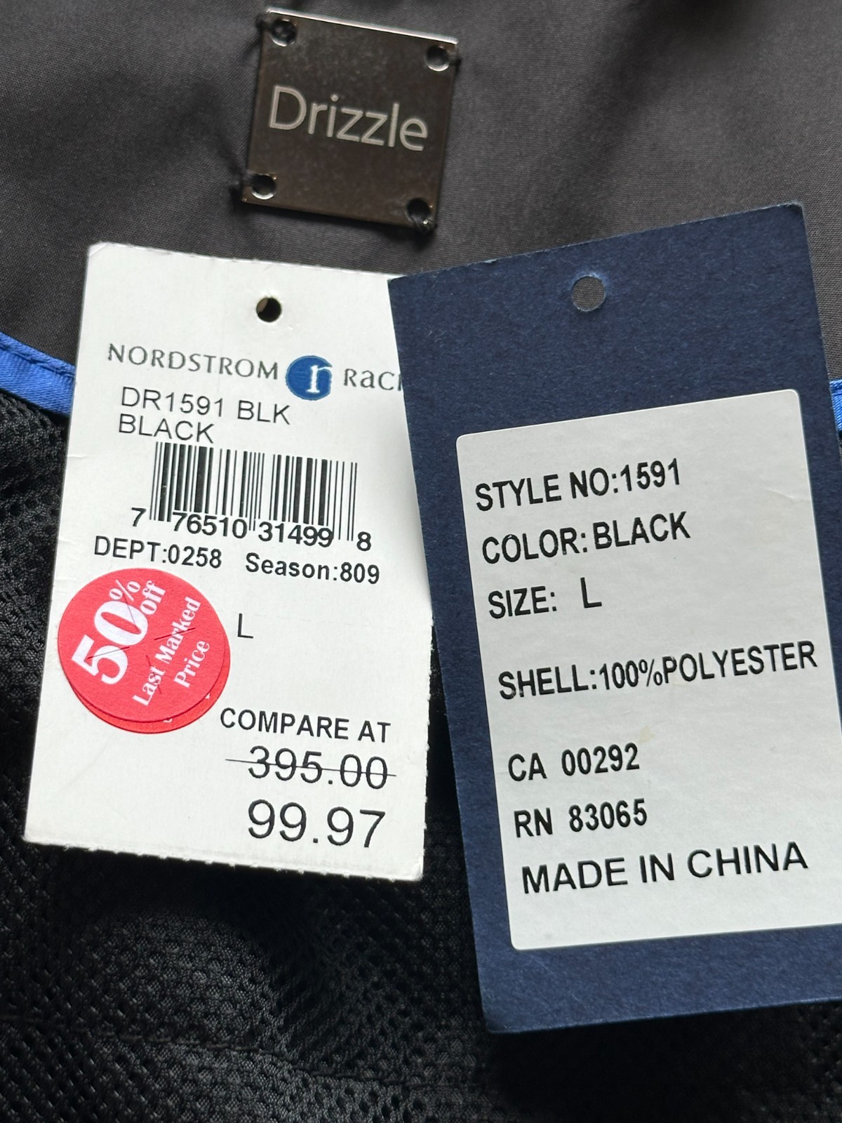 Drizzle Men's Rain Jacket Large Black Full Zip NWT Expel Liquid Repellent - second product detail image