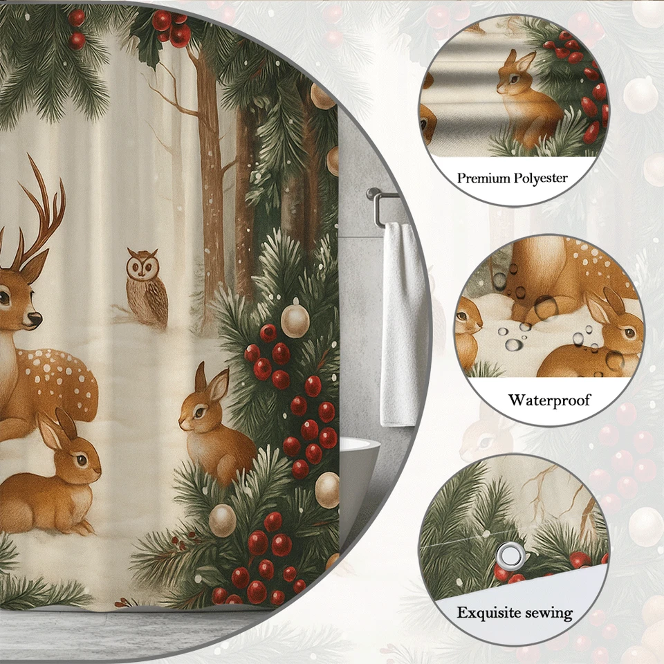 Занавеска для душа зимний праздник лес ягоды рождественский лес олень кролики сова - Изображение 2 из 4