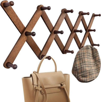 Wood Accordion Wall Hanger, Expandable Coat Rack Wall Mount with 14 Pegs, Expand