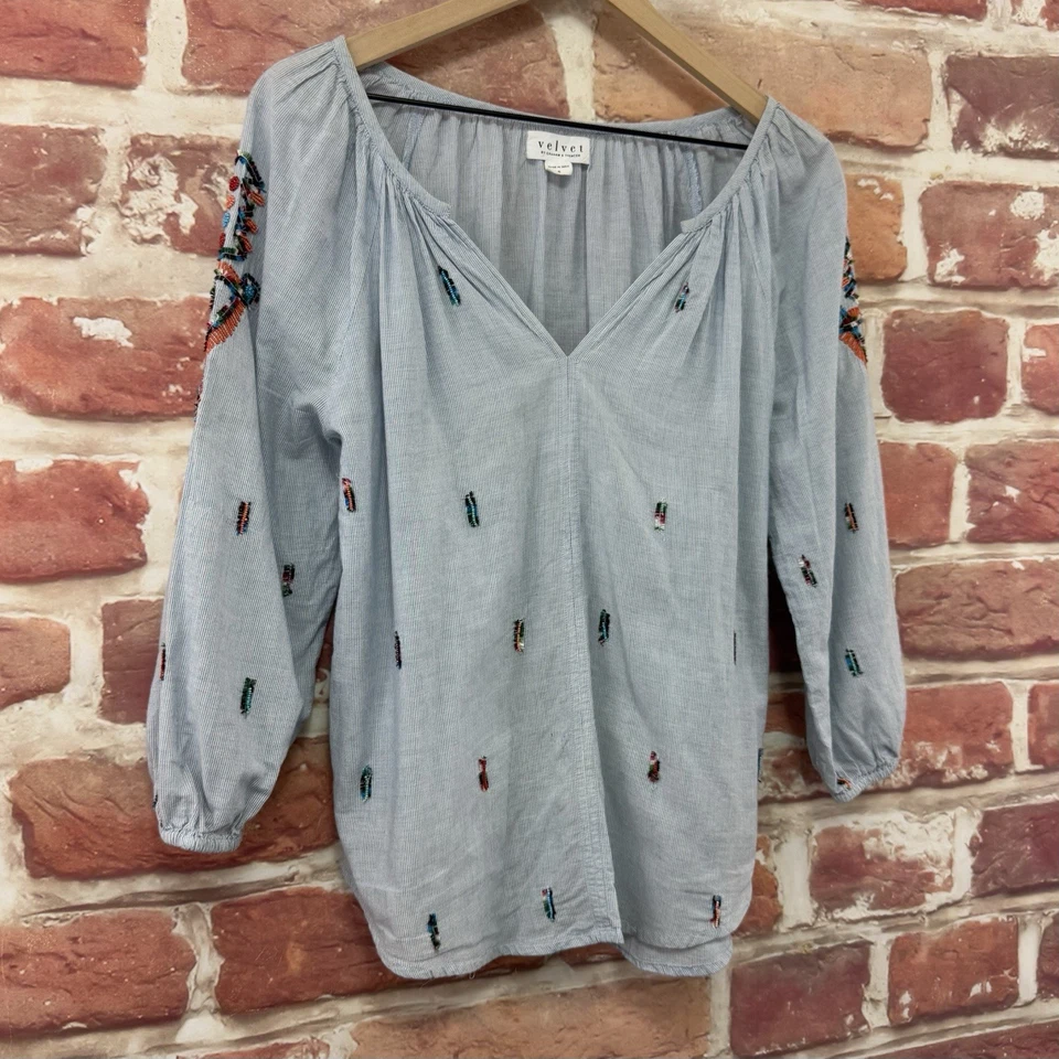 Camisa Anthropologie Terciopelo Graham & Spencer Top Mujer Pequeña Azul Boho Rayas Foto 2 de 4