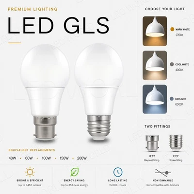 LED GLS E27 B22 Light Bulbs Edison Screw Bayonet Warm White Cool White Daylight - Image 1 of 4