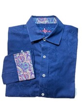 Robert Graham Men s Flip Cuff Button Up Shirt L Large Blue Floral Plaid