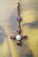 Antique ruby and seed pearl cruciform 9ct gold pendant 