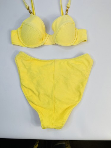 VTG 80s Womens 10 Yellow Push Up Bikini Top High Cut Bottom Set 2 Pc - 第 5/9 張圖片