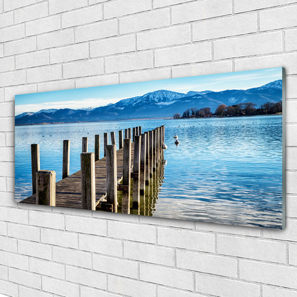 Tableau acrylique 125x50 pont mer montagnes pour salon moderne