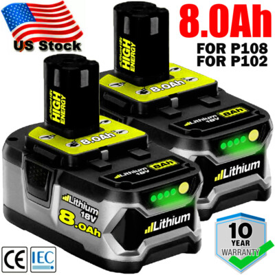 2Pack 8Ah 8.0AH For RYOBI P108 18V One Plus High Capacity 18v Lithium Battery A+
