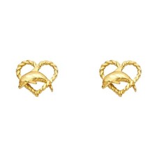 14K Yellow Gold Dolphin Heart Small Studs Post Push Back Earrings Womens Girls