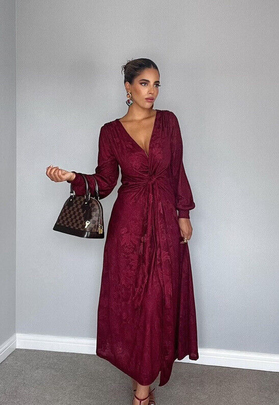 ZARA NWT WOMAN V NECK LONG JACQUARD DRESS BURGUNDY | 4886 ZARA NWT WOMAN V NECK LONG JACQUARD DRESS BURGUNDY | 4886