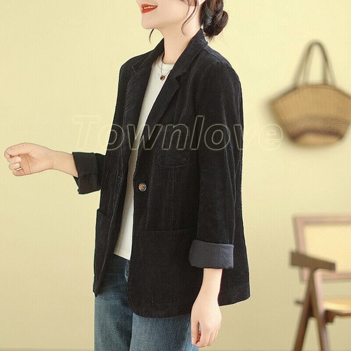 Abito donna velluto a coste blazer risvolto colletto cappotto maniche lunghe casual formale OL - Foto 14 di 28