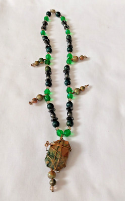 Vintage Chrysoprase, Glass Beads Necklace, 16'' 21'' end to end Natural stone